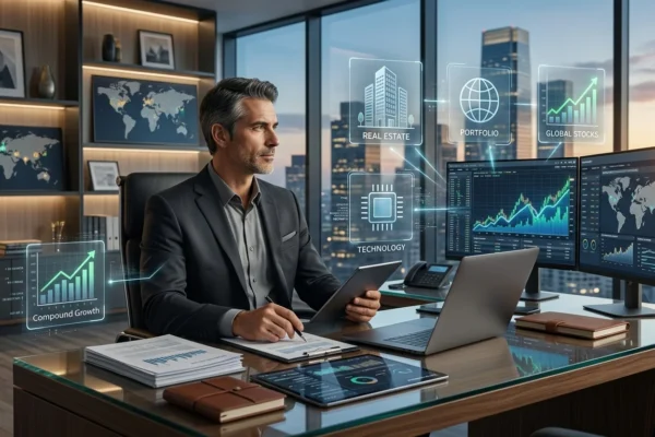 Business success visualization representing bill duker net worth with investment growth, charts, and financial wealth concept in modern office sce