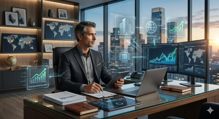 Business success visualization representing bill duker net worth with investment growth, charts, and financial wealth concept in modern office sce