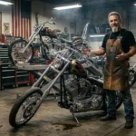 Billy Lane showcasing a custom chopper motorcycle inside his workshop during a biker culture documentary interview