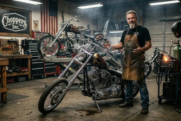 Billy Lane showcasing a custom chopper motorcycle inside his workshop during a biker culture documentary interview