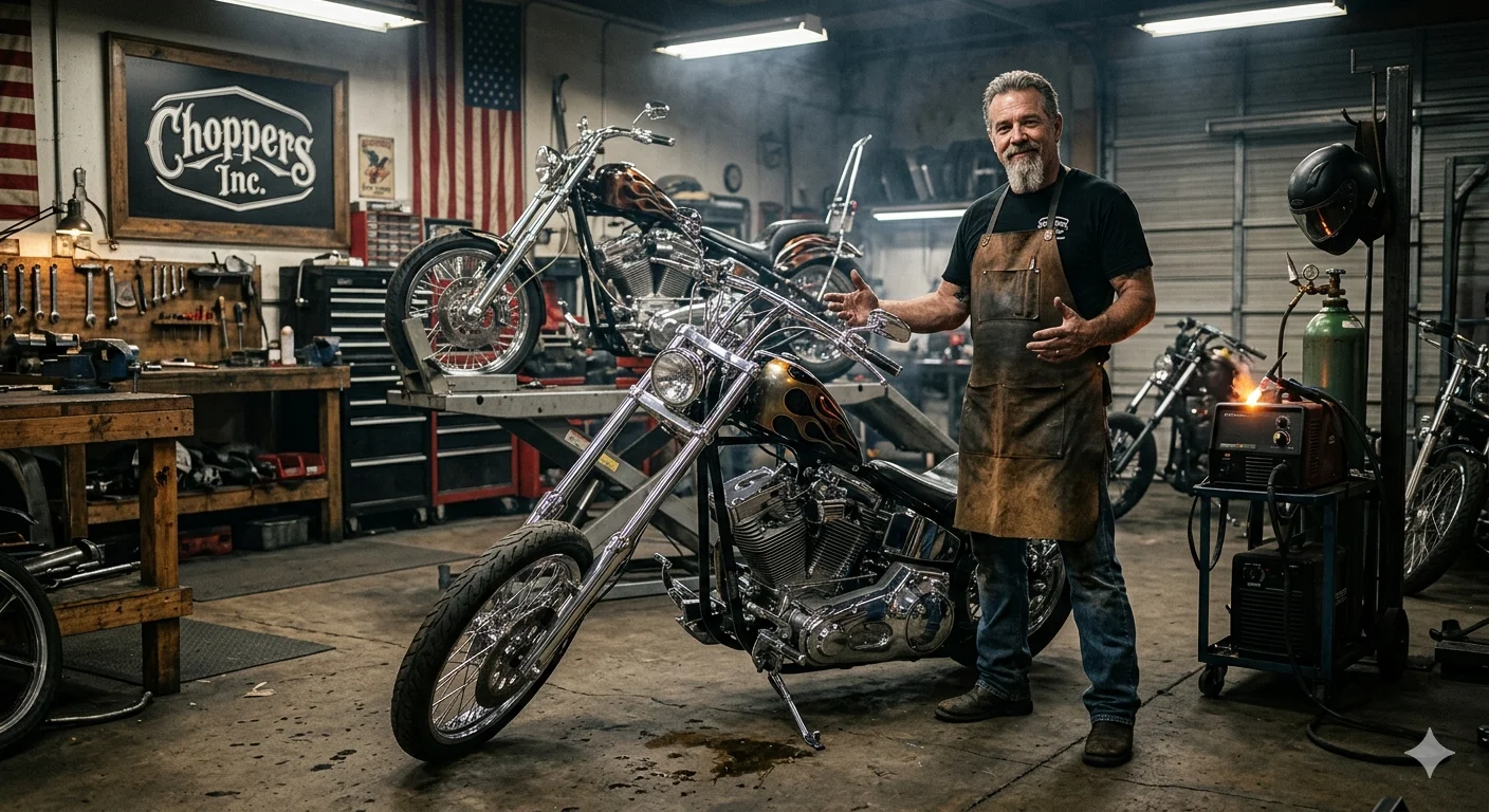 Billy Lane showcasing a custom chopper motorcycle inside his workshop during a biker culture documentary interview