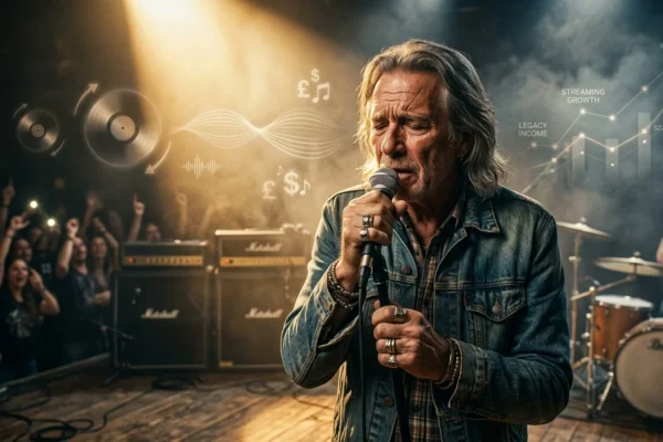 Bob Seger net worth visual showing legendary rock singer performing on stage with music royalties and long-term career earnings concept.
