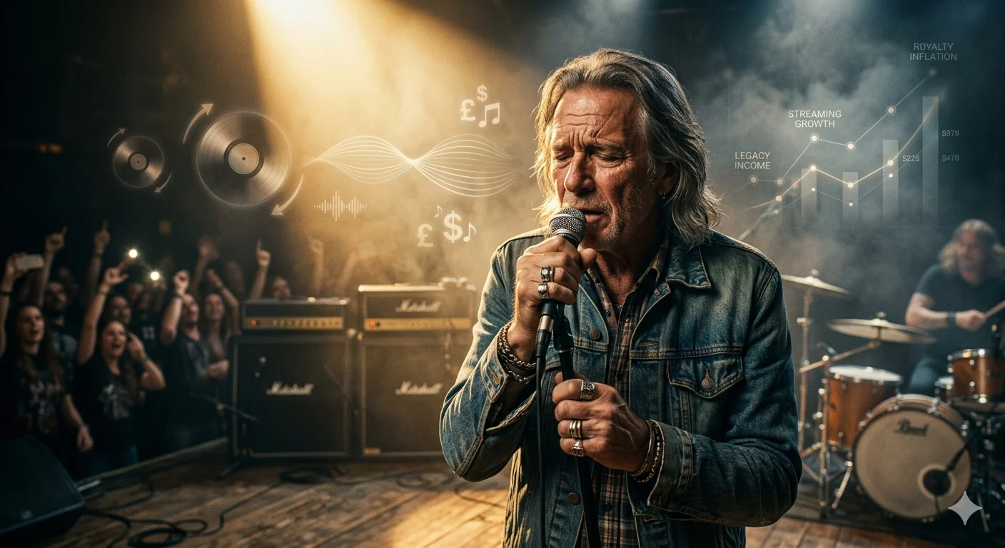 Bob Seger net worth visual showing legendary rock singer performing on stage with music royalties and long-term career earnings concept.