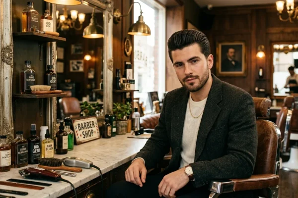 Bradley Leinhardt review featuring retro hairstyle inspiration inside a stylish vintage barbershop setting.