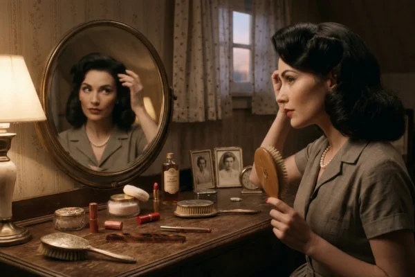 Ethel Olga Review showing a woman styling retro hair in a vintage setting with classic tools and soft lighting