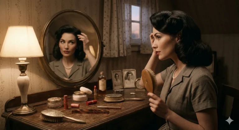 Ethel Olga Review showing a woman styling retro hair in a vintage setting with classic tools and soft lighting