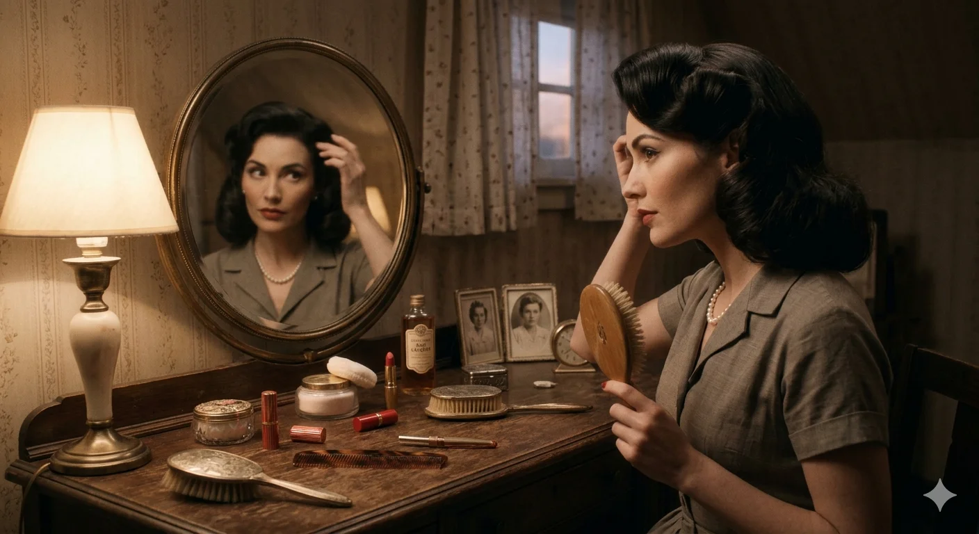 Ethel Olga Review showing a woman styling retro hair in a vintage setting with classic tools and soft lighting