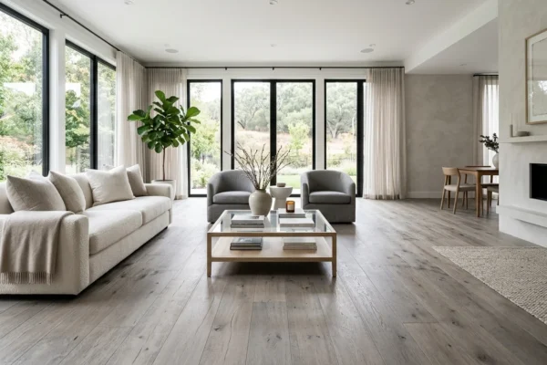 Modern living room featuring grand collection sterling floorinh with elegant gray wood textures and luxury décor