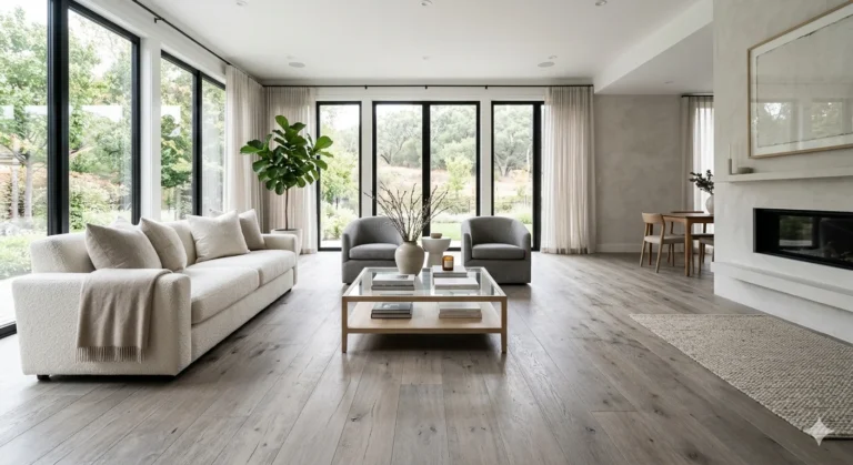 Modern living room featuring grand collection sterling floorinh with elegant gray wood textures and luxury décor