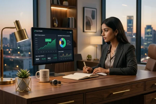impactwealth.org financial platform overview showing digital wealth charts, laptop analytics, and modern investment workspace setup