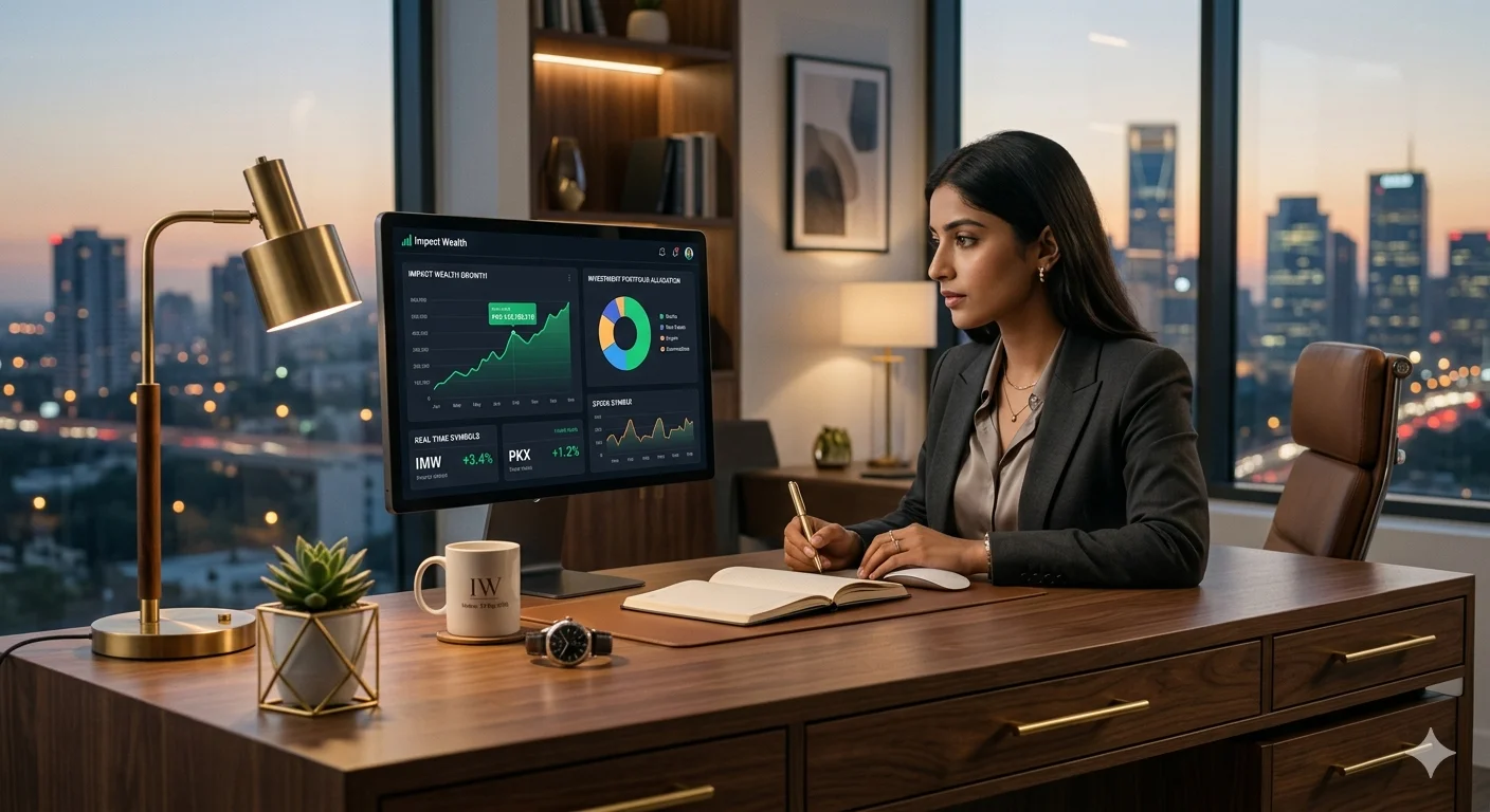 impactwealth.org financial platform overview showing digital wealth charts, laptop analytics, and modern investment workspace setup