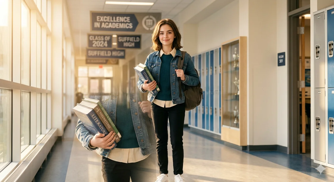 Katy Davis Suffield High review showing an inspiring student portrait inside a modern academic environment