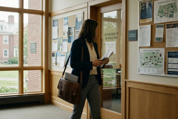 A professional woman in a campus setting representing katy davis suffield and her possible local or academic connection