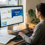 A person reviewing a website on a desktop screen representing Kazview.com Review and online credibility analysis
