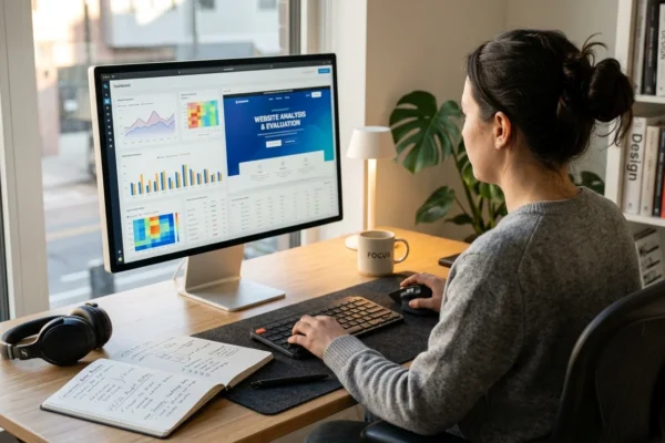 A person reviewing a website on a desktop screen representing Kazview.com Review and online credibility analysis