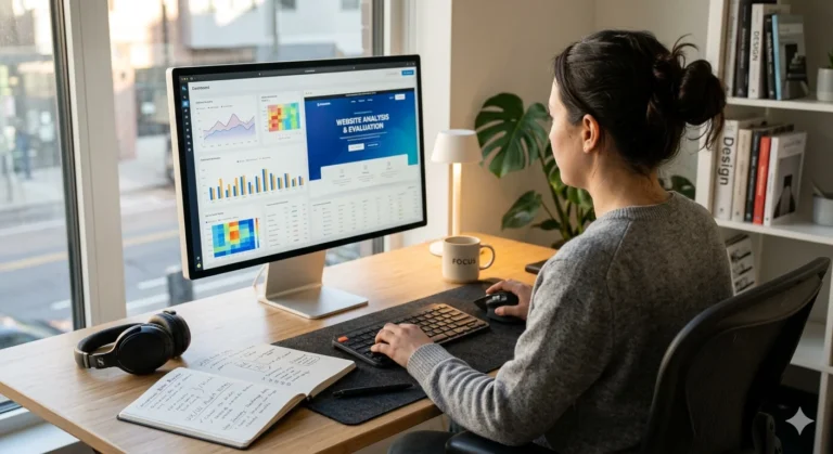 A person reviewing a website on a desktop screen representing Kazview.com Review and online credibility analysis