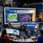 Journalists monitoring live Sacramento news updates and weather coverage on kcra.com in a modern digital newsroom