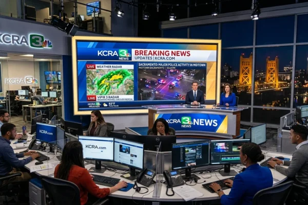Journalists monitoring live Sacramento news updates and weather coverage on kcra.com in a modern digital newsroom