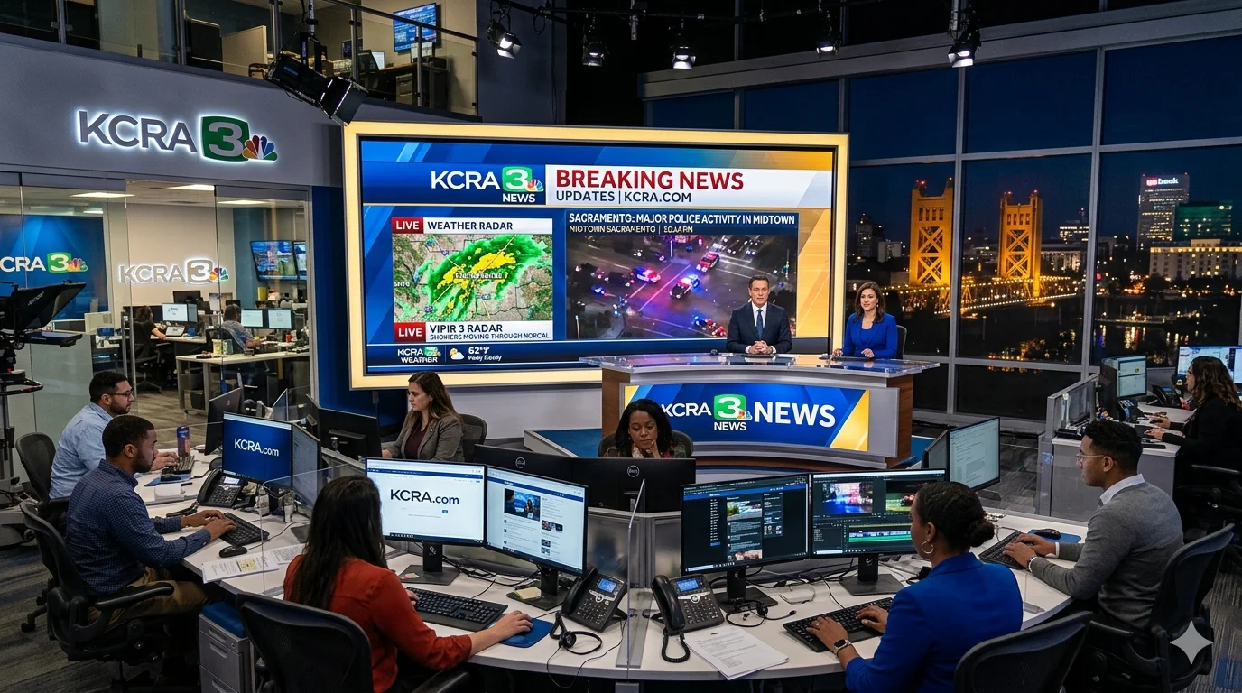 Journalists monitoring live Sacramento news updates and weather coverage on kcra.com in a modern digital newsroom
