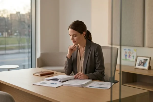 Kristy Greenberg husband Review concept showing a professional woman analyzing personal life details in a calm office setting