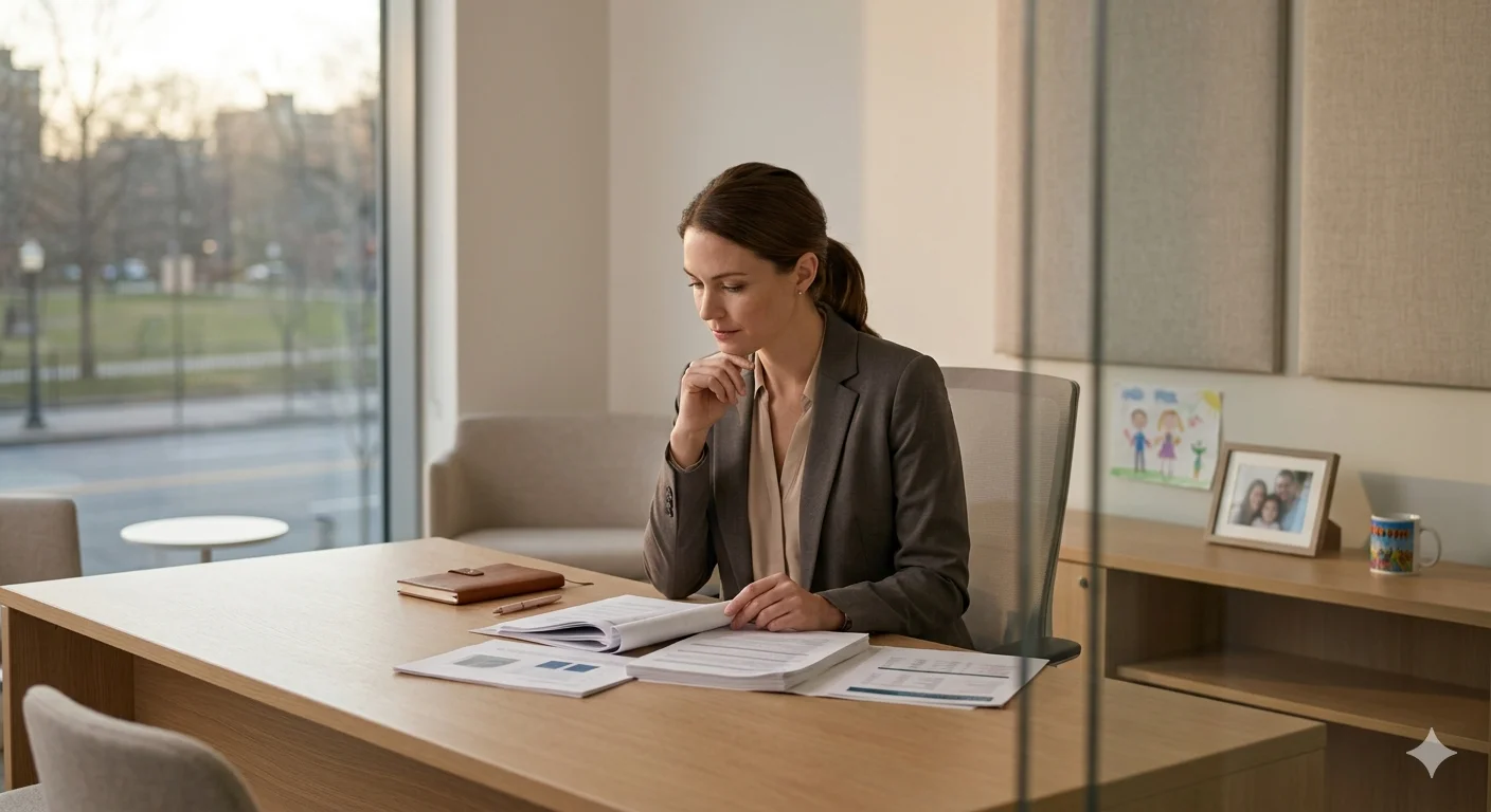 Kristy Greenberg husband Review concept showing a professional woman analyzing personal life details in a calm office setting
