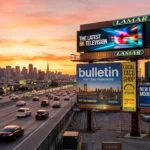 lamar.com billboard advertising scene showing Lamar Advertising outdoor digital and static billboards on a busy highway at sunse