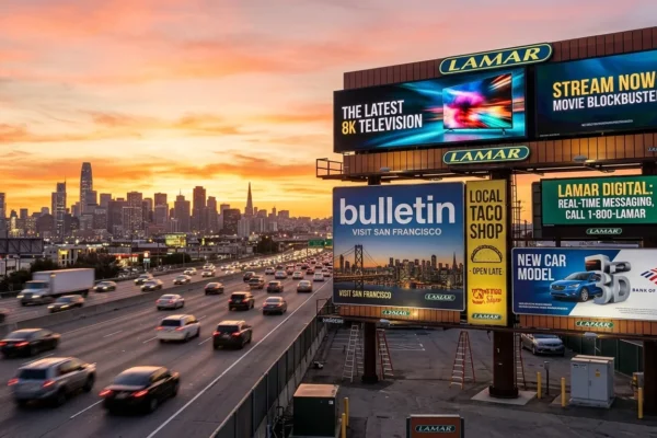 lamar.com billboard advertising scene showing Lamar Advertising outdoor digital and static billboards on a busy highway at sunse