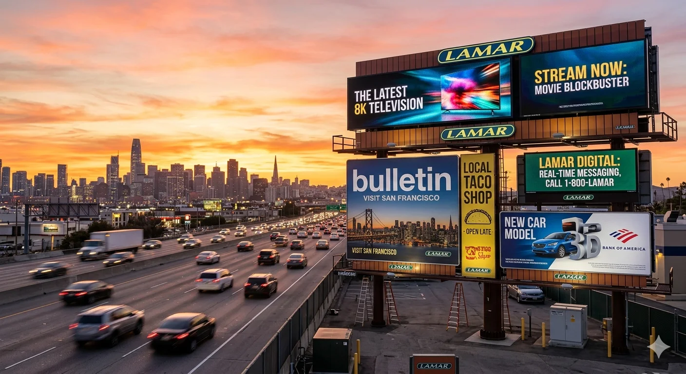 lamar.com billboard advertising scene showing Lamar Advertising outdoor digital and static billboards on a busy highway at sunse