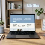 Professional branding workspace showing lillyblue.com strategy, digital marketing visuals, and modern website design.