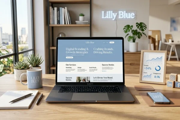 Professional branding workspace showing lillyblue.com strategy, digital marketing visuals, and modern website design.