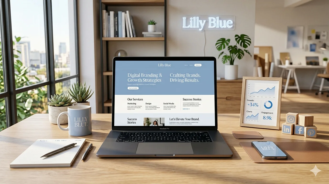 Professional branding workspace showing lillyblue.com strategy, digital marketing visuals, and modern website design.