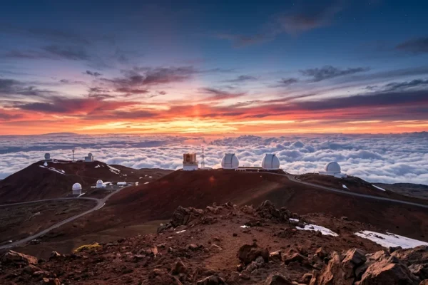 Mauna Kea webcam view showing observatories above clouds during sunset with clear sky and scenic volcanic landscape in Hawaii