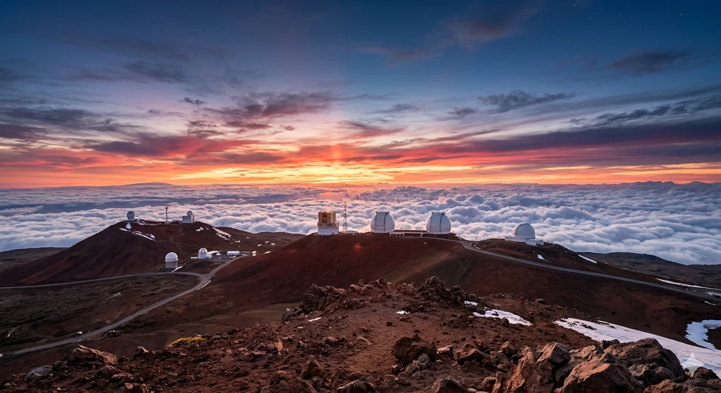 Mauna Kea webcam view showing observatories above clouds during sunset with clear sky and scenic volcanic landscape in Hawaii