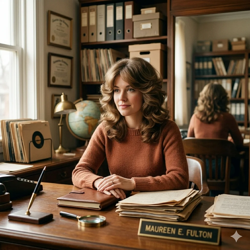 Portrait of Maureen Ellen Fulton with a vintage hairstyle, symbolizing her presence in public records and online searches