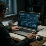 A person analyzing a financial website in a dark workspace representing mgastarswealth.com review and online investigation