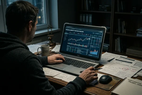 A person analyzing a financial website in a dark workspace representing mgastarswealth.com review and online investigation