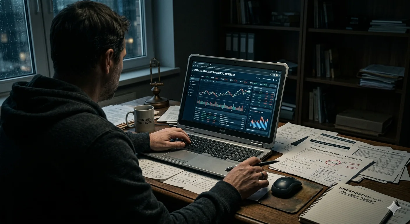 A person analyzing a financial website in a dark workspace representing mgastarswealth.com review and online investigation