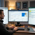 Digital marketer analyzing mvrt.com review keyword trends and competitor SEO data on a laptop dashboard