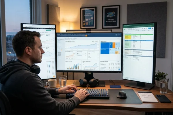 Digital marketer analyzing mvrt.com review keyword trends and competitor SEO data on a laptop dashboard