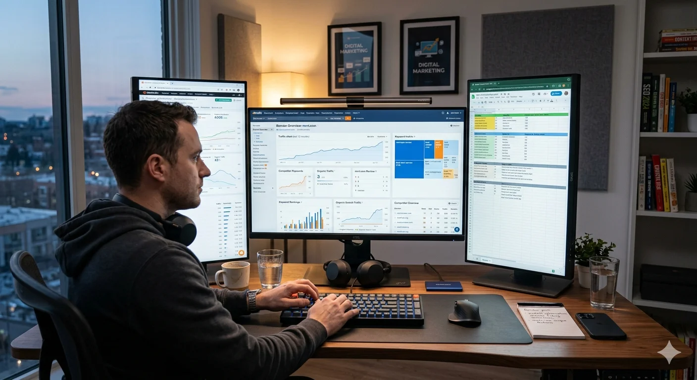 Digital marketer analyzing mvrt.com review keyword trends and competitor SEO data on a laptop dashboard