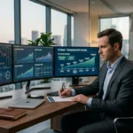 Nick Hagen reviewing financial charts on a laptop in a modern office reflecting his net worth and banking career success