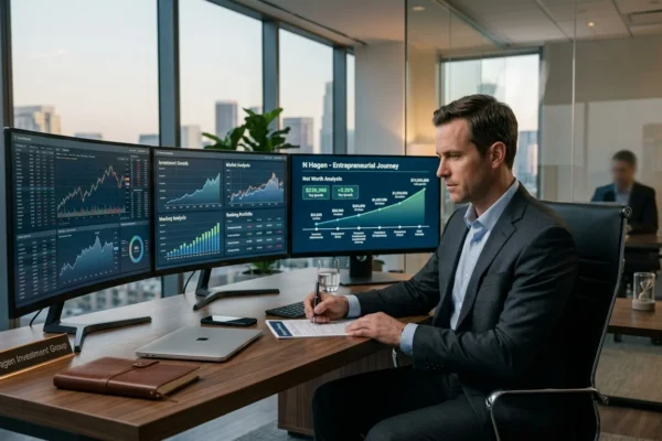 Nick Hagen reviewing financial charts on a laptop in a modern office reflecting his net worth and banking career success