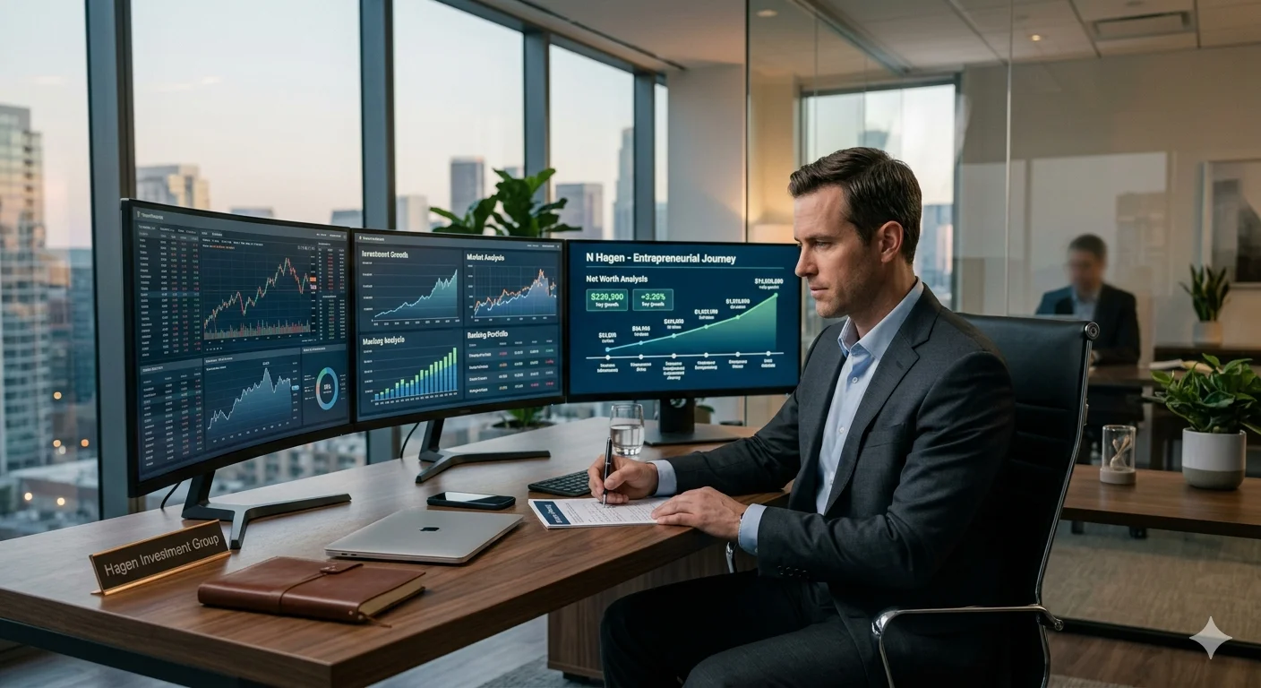 Nick Hagen reviewing financial charts on a laptop in a modern office reflecting his net worth and banking career success