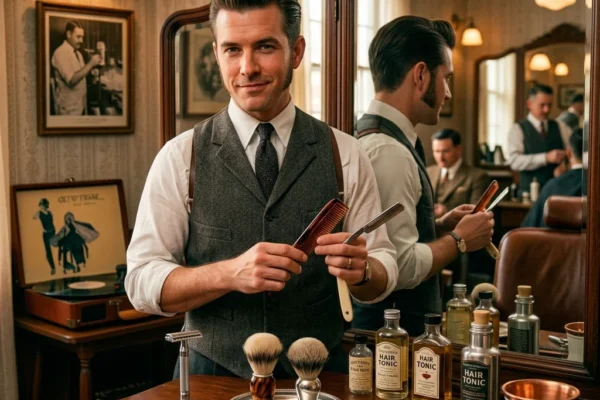 Noel S Ruiz Review showing retro hair grooming techniques in a vintage barbershop setting with classic styling tools