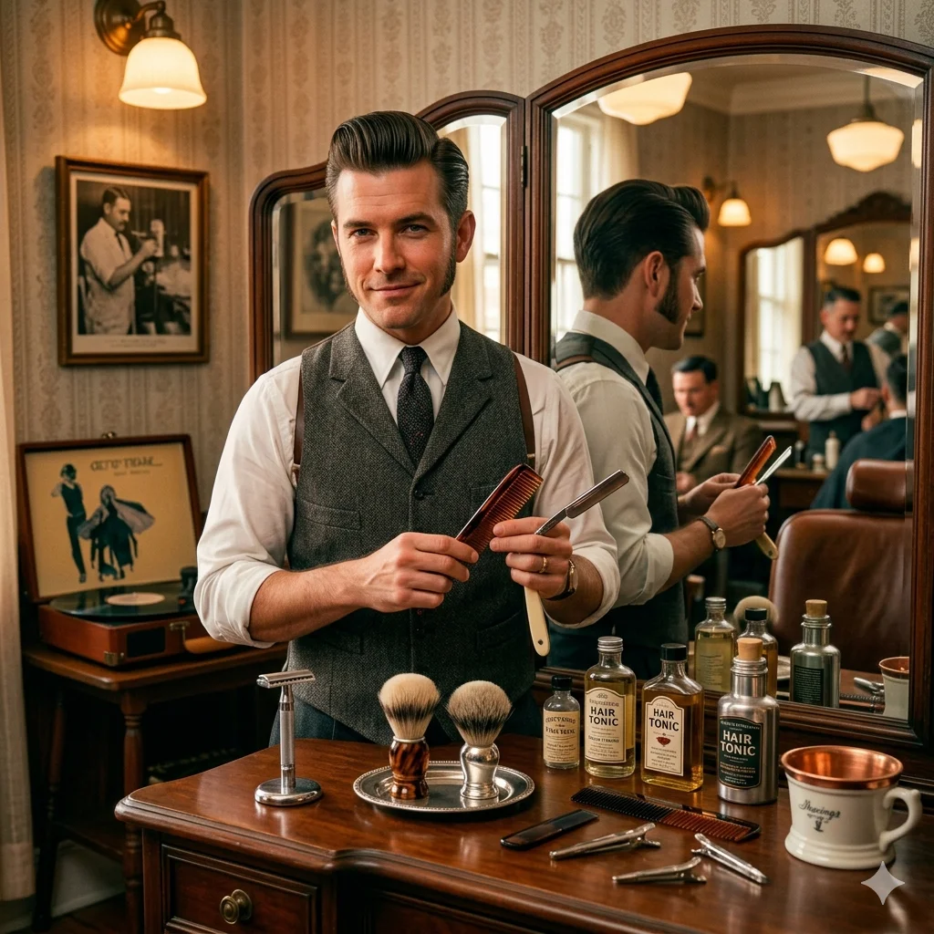 Noel S Ruiz Review showing retro hair grooming techniques in a vintage barbershop setting with classic styling tools