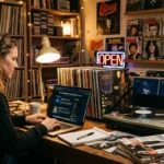 obertchristgau.com review website displayed on a retro music critic desk with vinyl records and album ratings visible.
