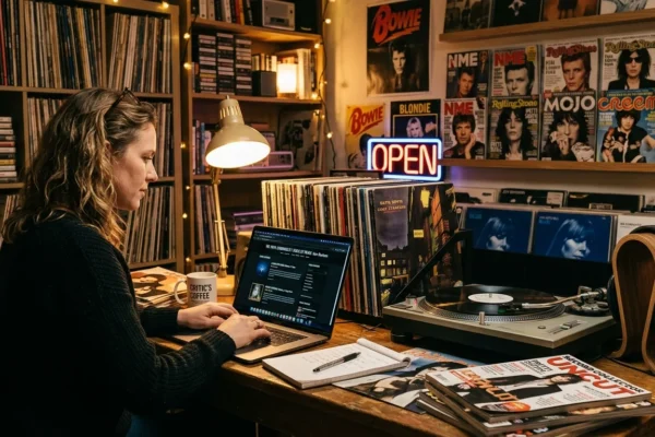 obertchristgau.com review website displayed on a retro music critic desk with vinyl records and album ratings visible.