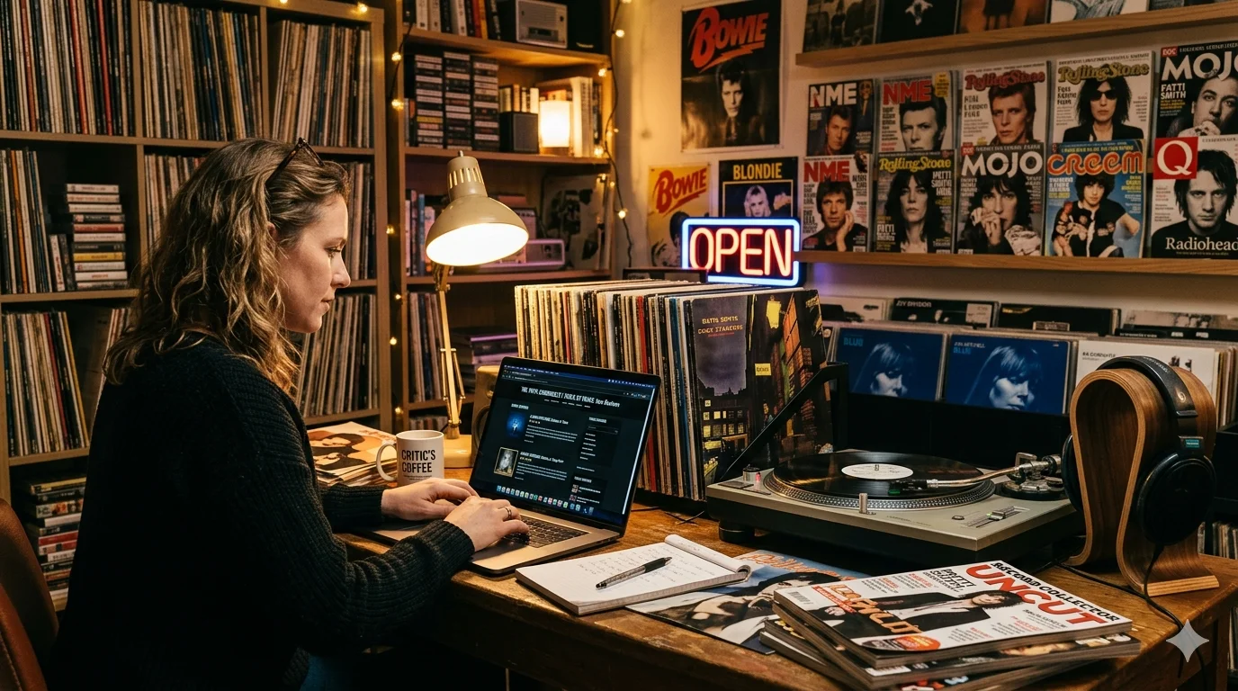 obertchristgau.com review website displayed on a retro music critic desk with vinyl records and album ratings visible.