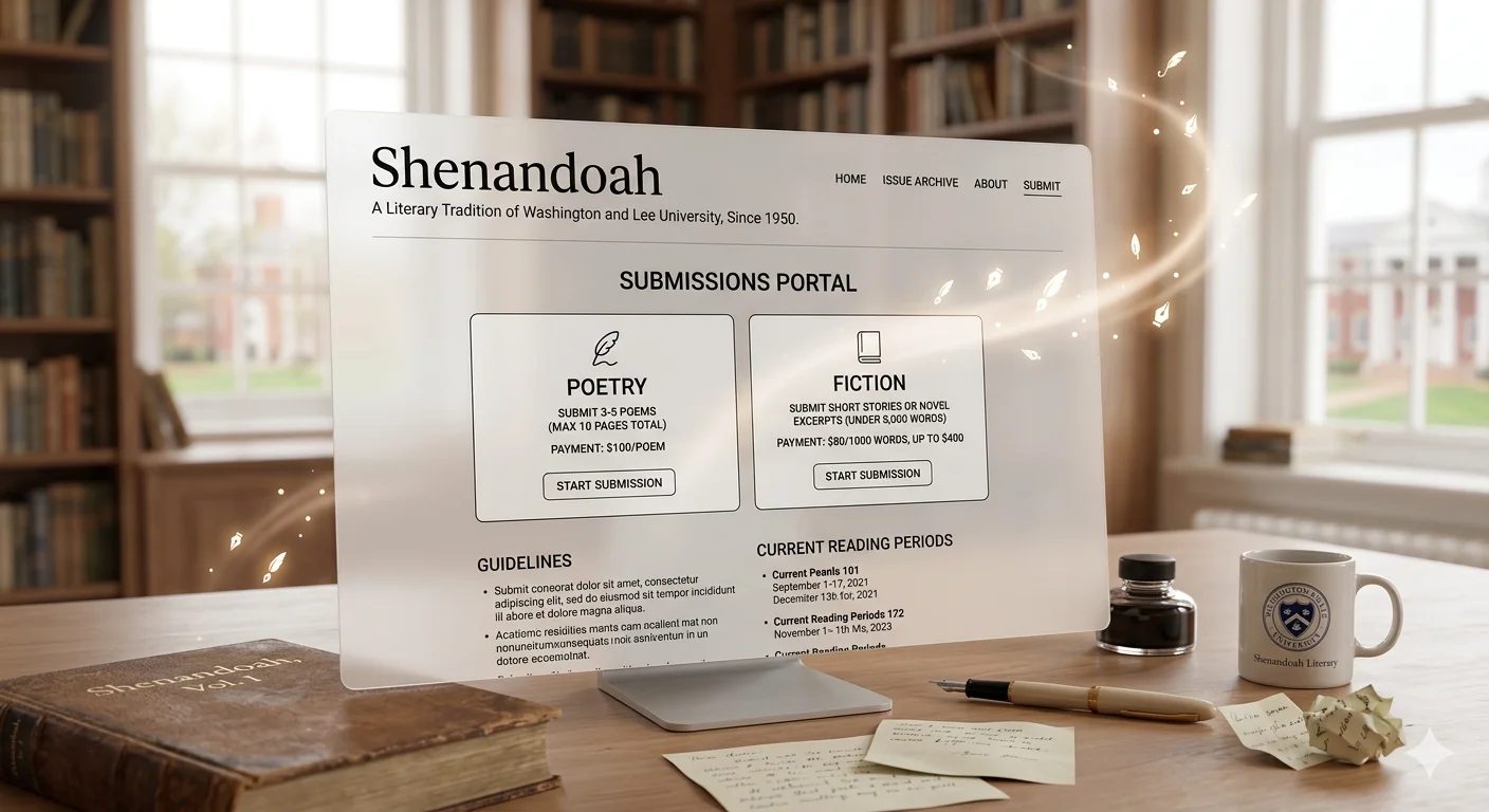 henandoahliterary.org Review showing Shenandoah Literary Journal homepage as writers explore submissions and published works