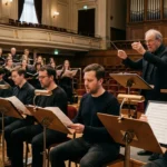 Choir rehearsing silentium voice bass score with bass singers reading sheet music in a dramatic classical music hall setting.
